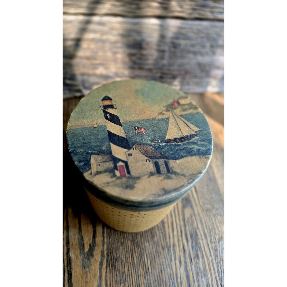 Vintage Cylindrical Box with Lid “Lighthouse Point” brown